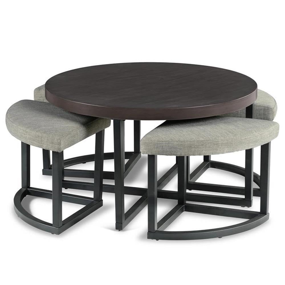 Round Coffee Table Set with 4 Gray Linen Stools D5352