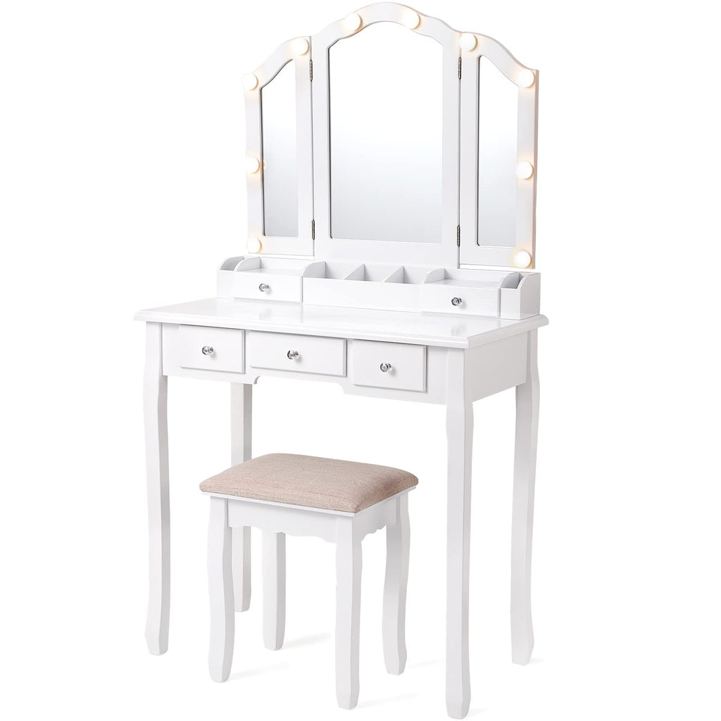 White Makeup Vanity Desk with Mirror and Chair L473