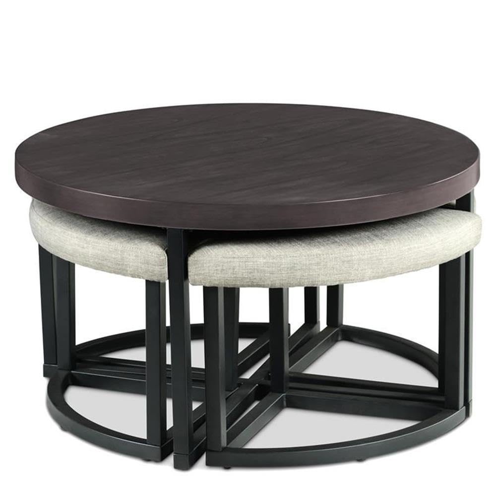 Round Coffee Table Set with 4 Gray Linen Stools D5352