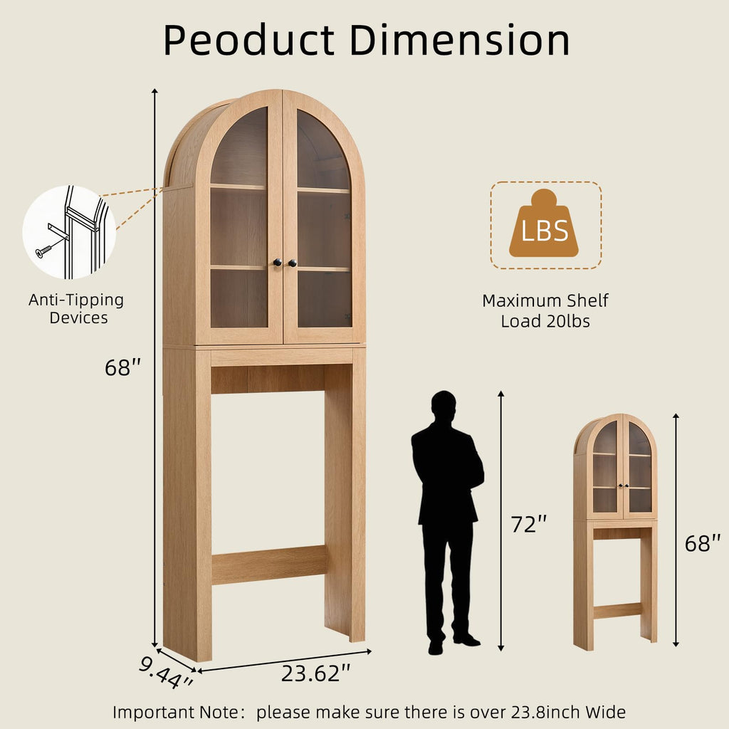 Arched Over The Toilet Storage Cabinet with Glass Doors, Natural Oak T29463