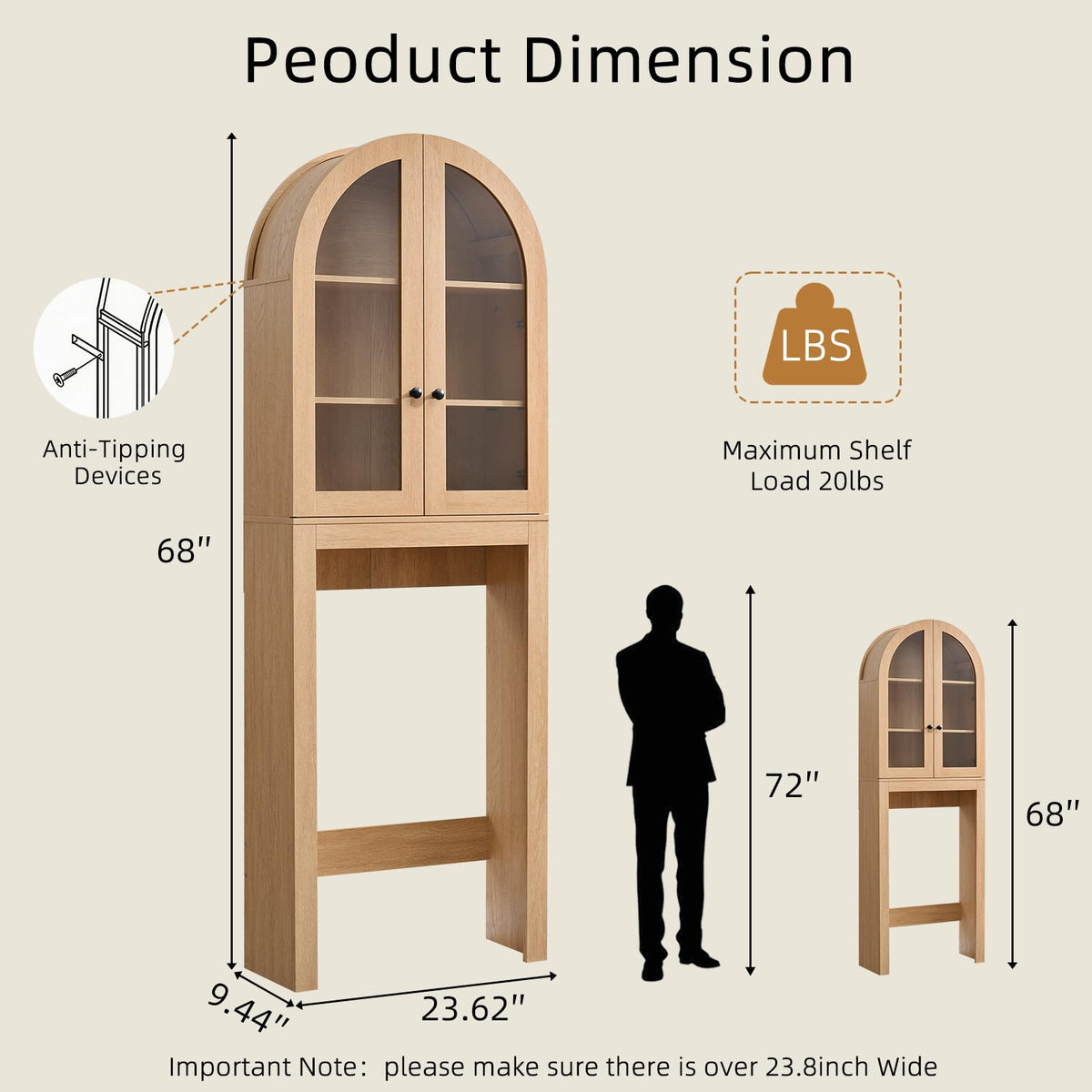 Arched Over The Toilet Storage Cabinet with Glass Doors, Natural Oak T29463