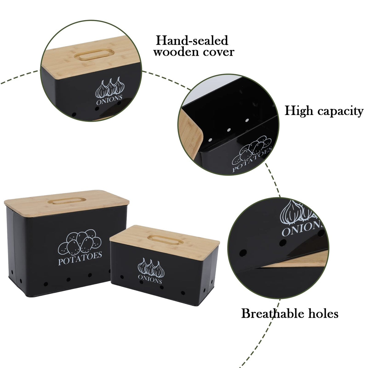 Vented Metal Vegetable Storage Bin Set of 2 with Wooden Lids X1733