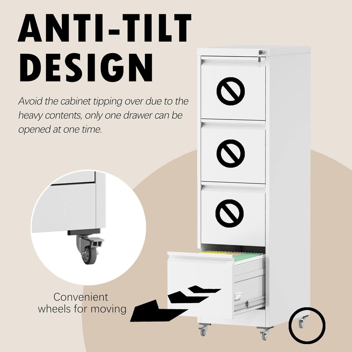 White 4 Drawer Metal File Cabinet with Wheels U66727