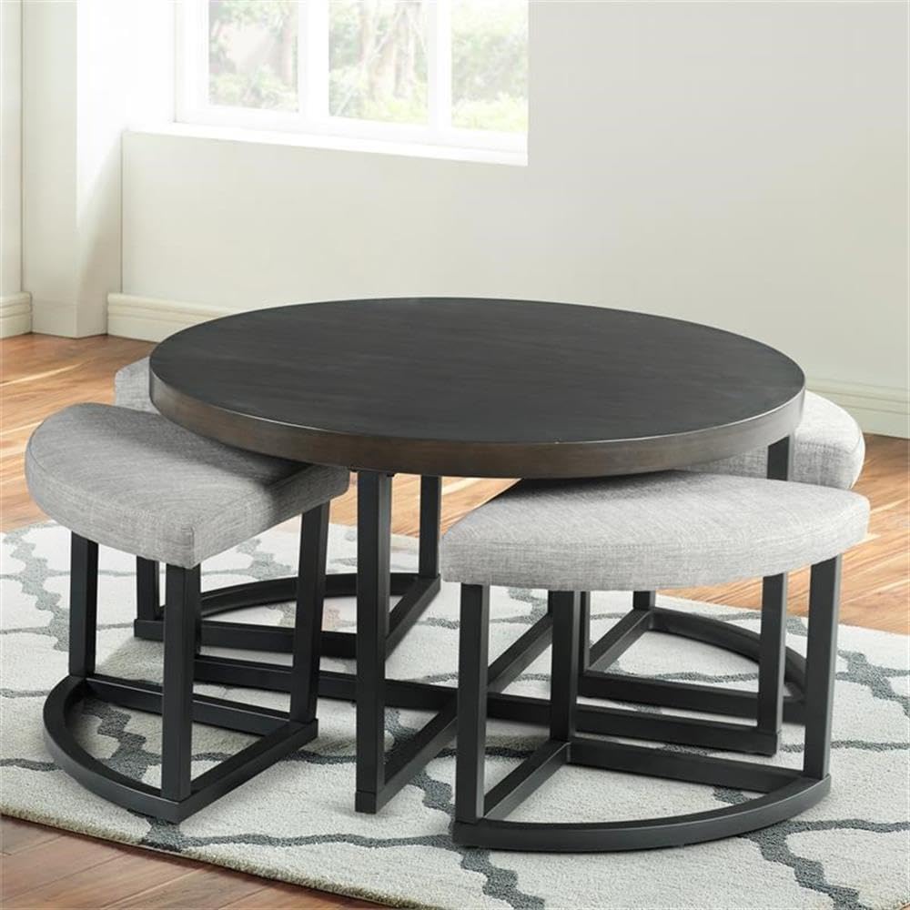 Round Coffee Table Set with 4 Gray Linen Stools D5352