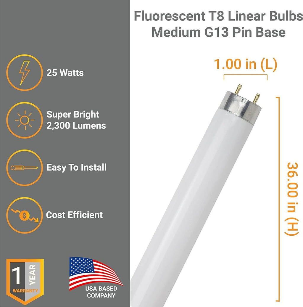 T8 Fluorescent Tube Light Bulb 25W 4100K Cool White G13 Pack of 30 R319501