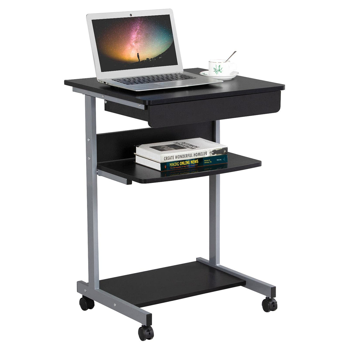 Black Rolling Desk with Drawer and Printer Shelf X8369