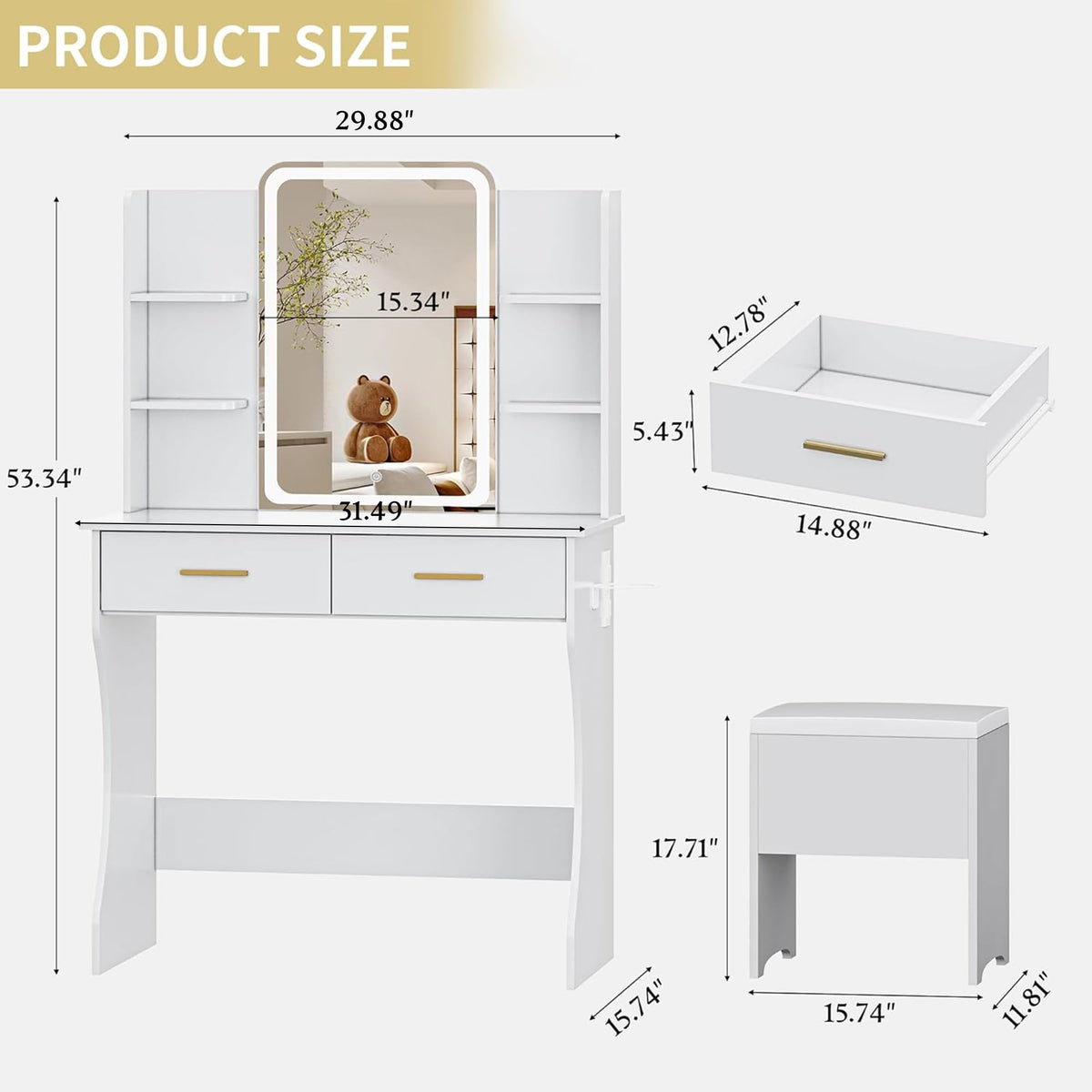 White Vanity Desk with LED Lights Mirror and Chair U853