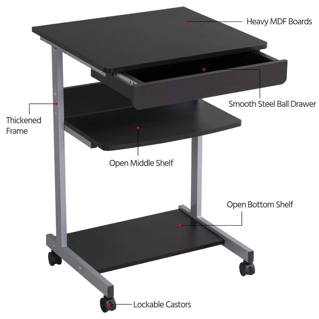 Black Rolling Desk with Drawer and Printer Shelf X8369
