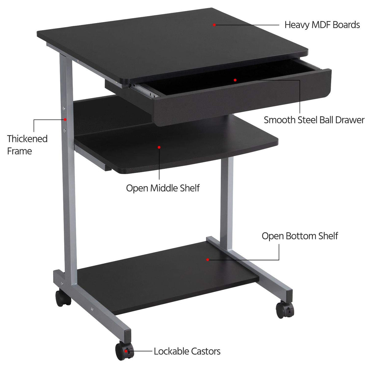 Black Rolling Desk with Drawer and Printer Shelf X8369