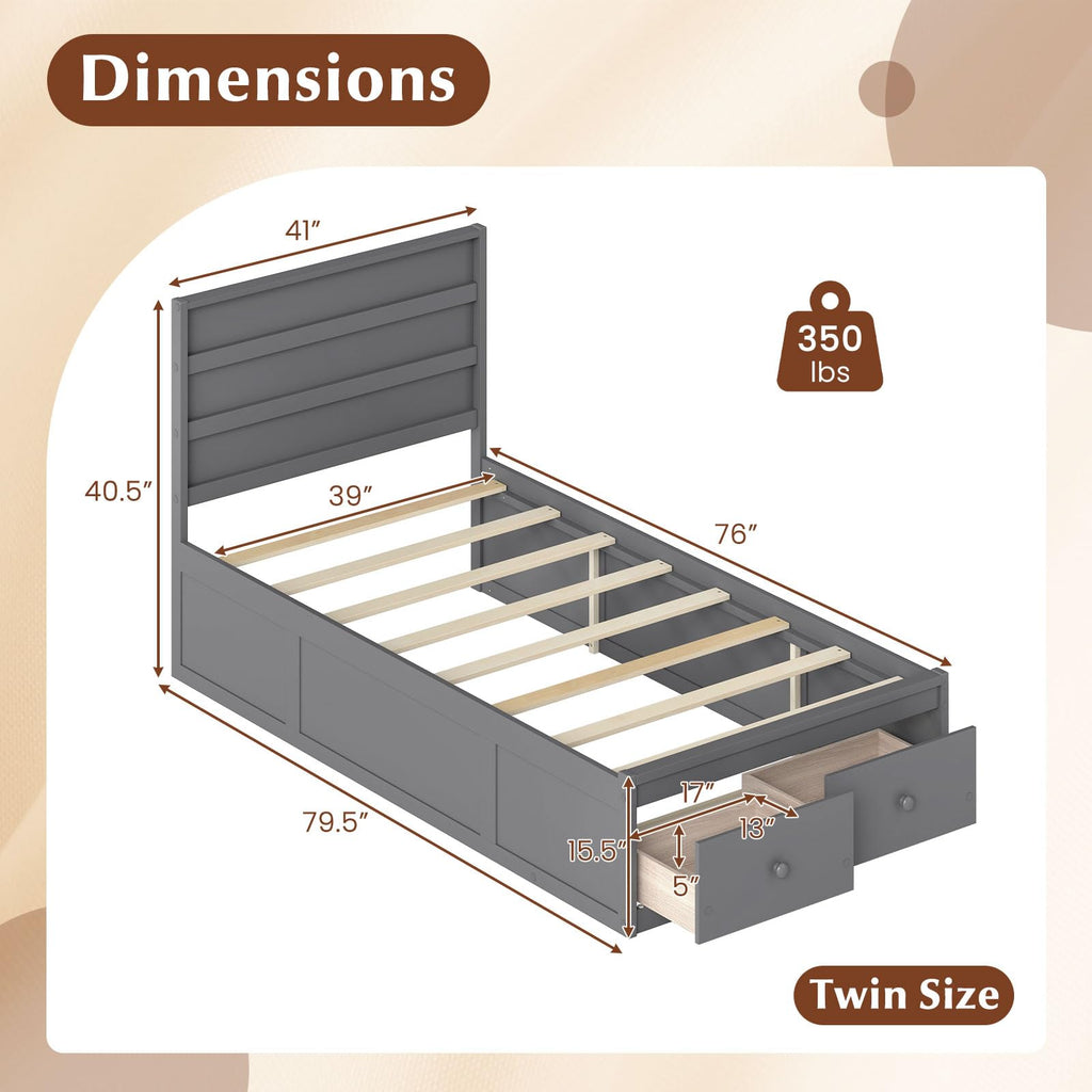 Grey Twin Wood Platform Bed with Storage Drawers R5181