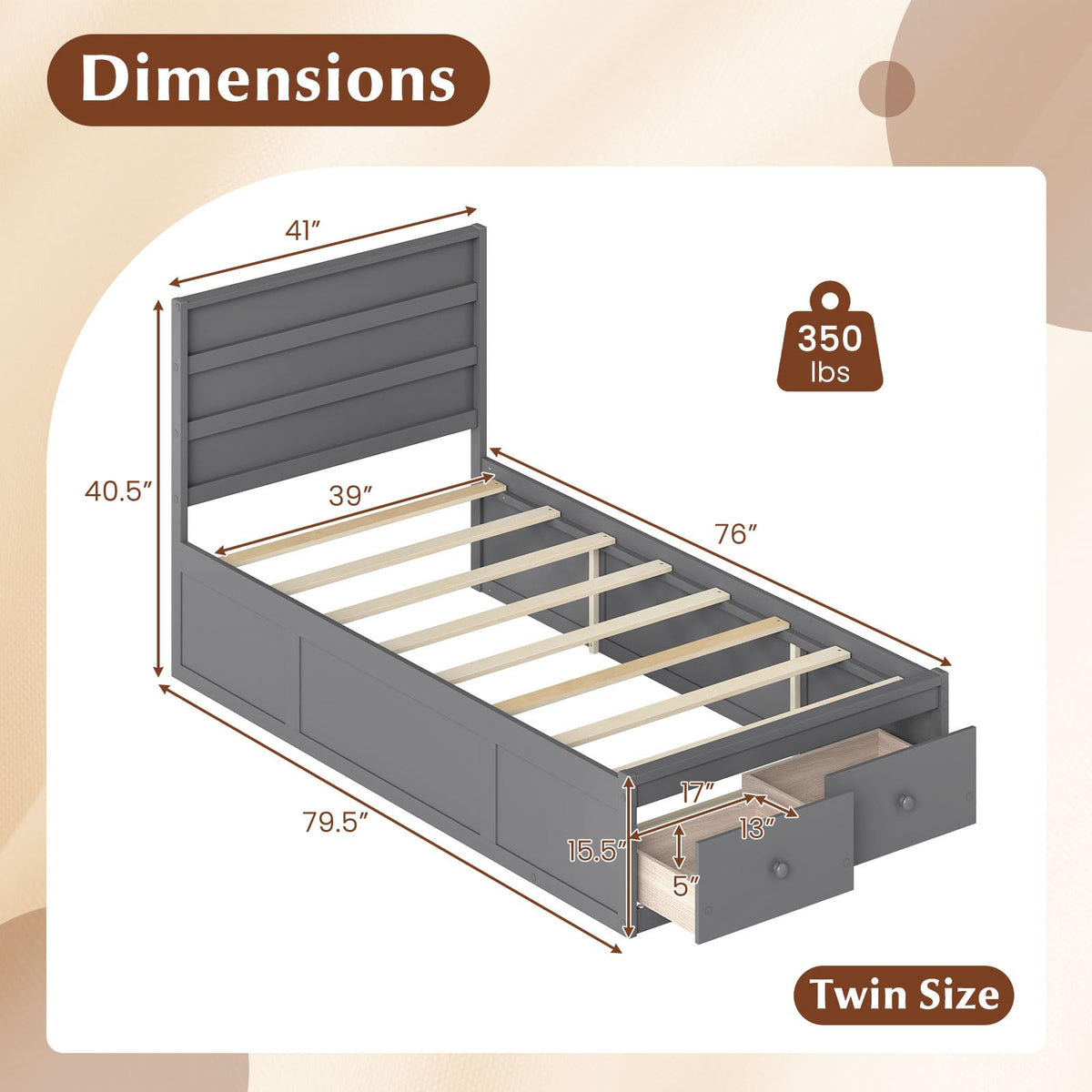 Grey Twin Wood Platform Bed with Storage Drawers R5181