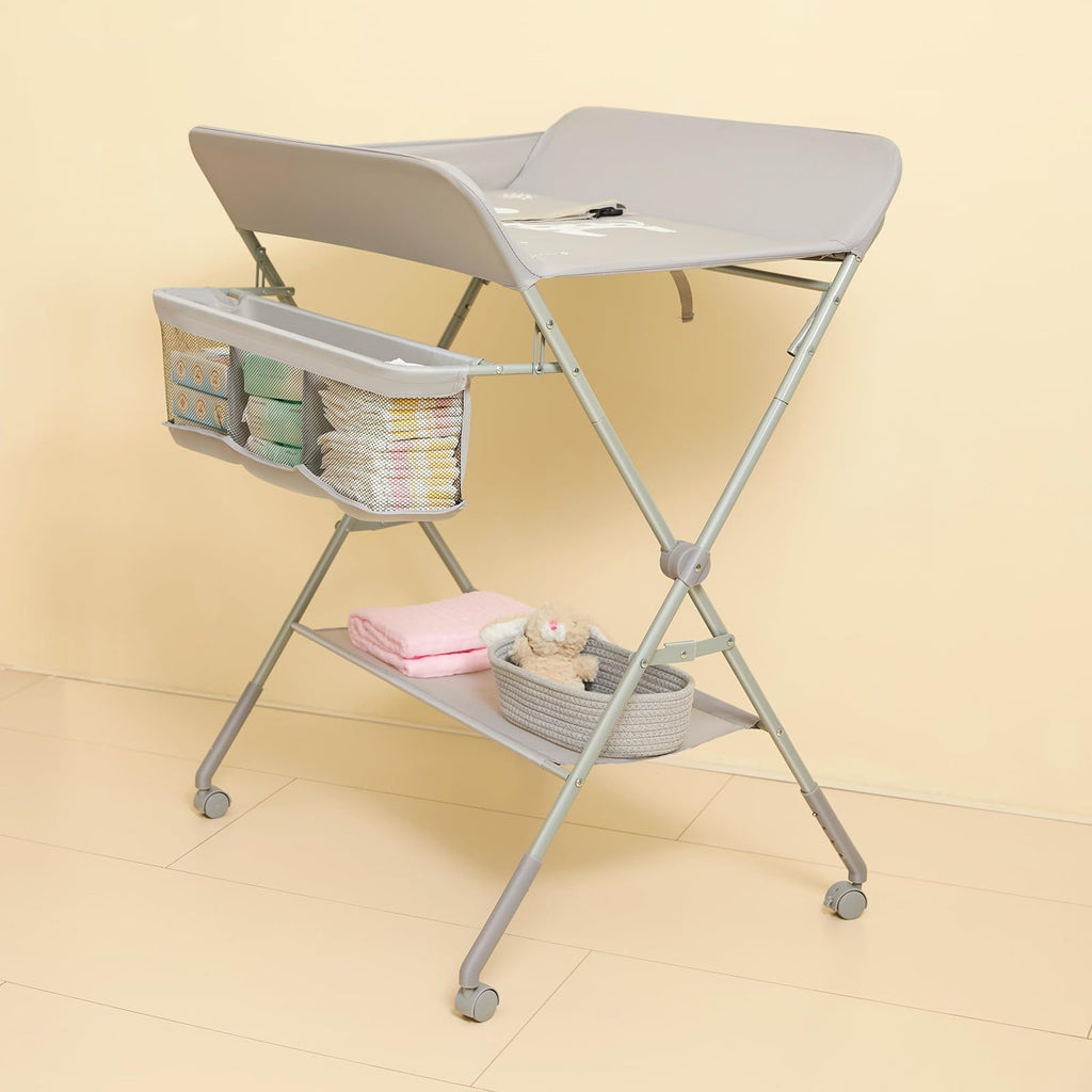 Baby Changing Table with Wheels, Portable Diaper Changing Station with 4-Level Height Adjustment J92860