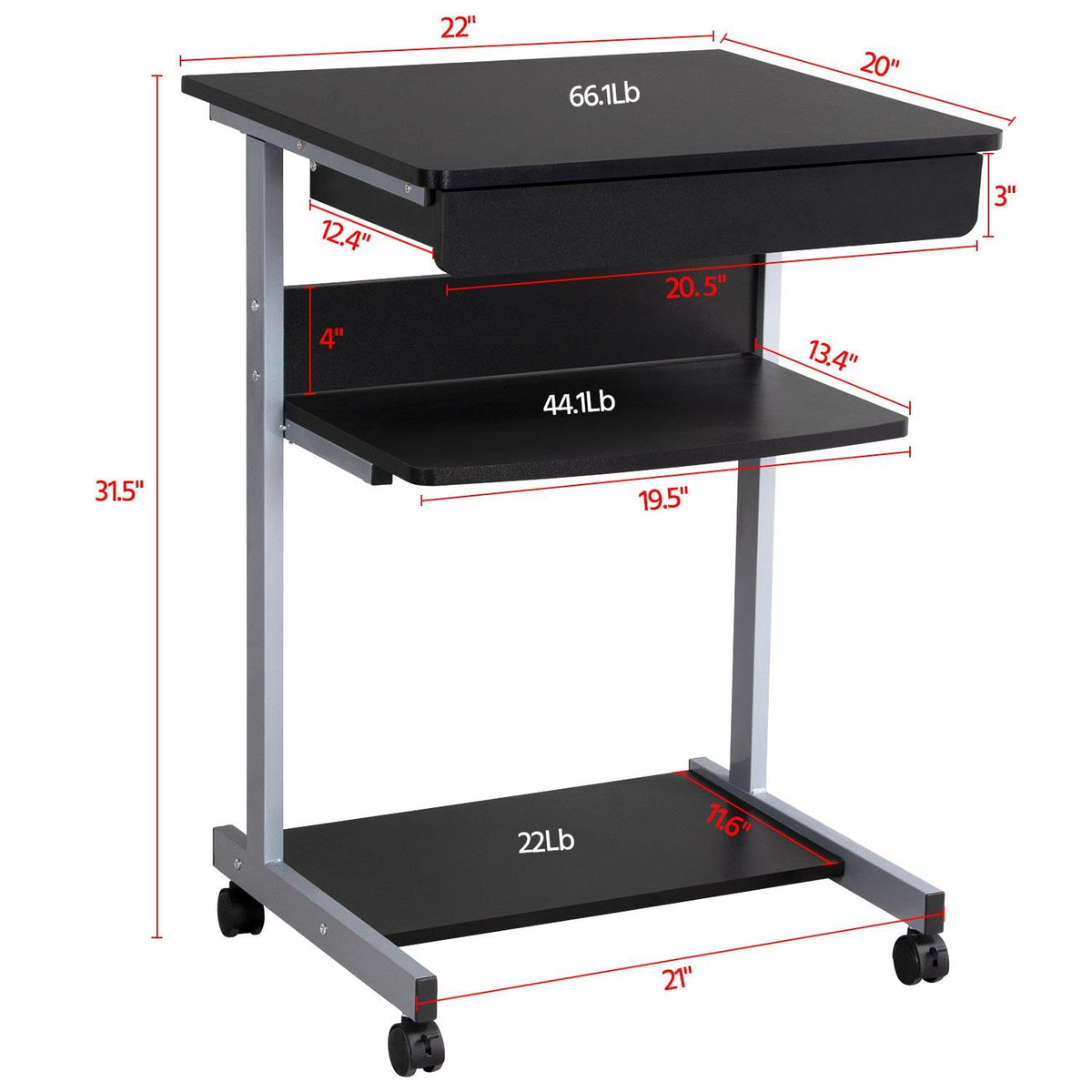 Black Rolling Desk with Drawer and Printer Shelf X8369