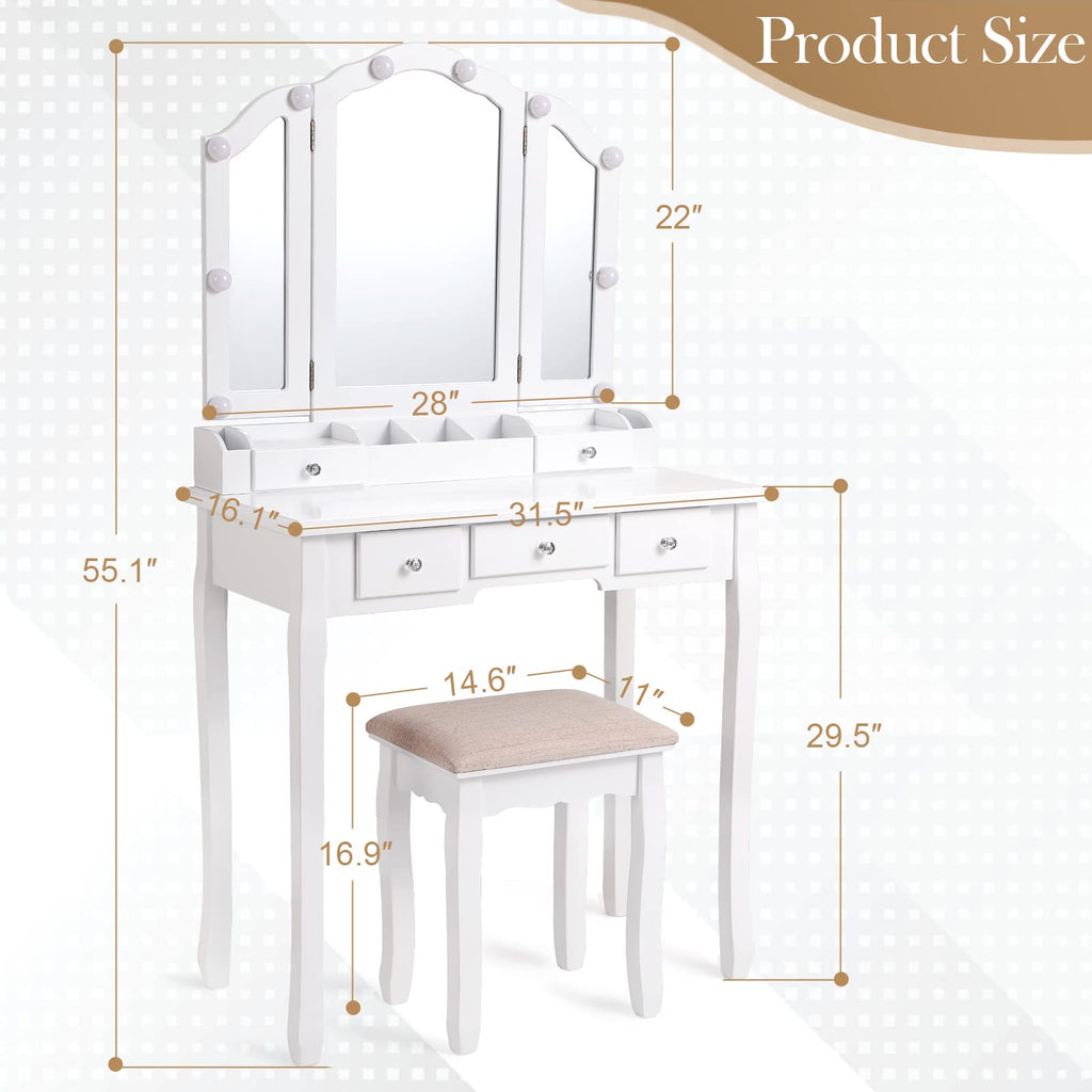 White Makeup Vanity Desk with Mirror and Chair L473