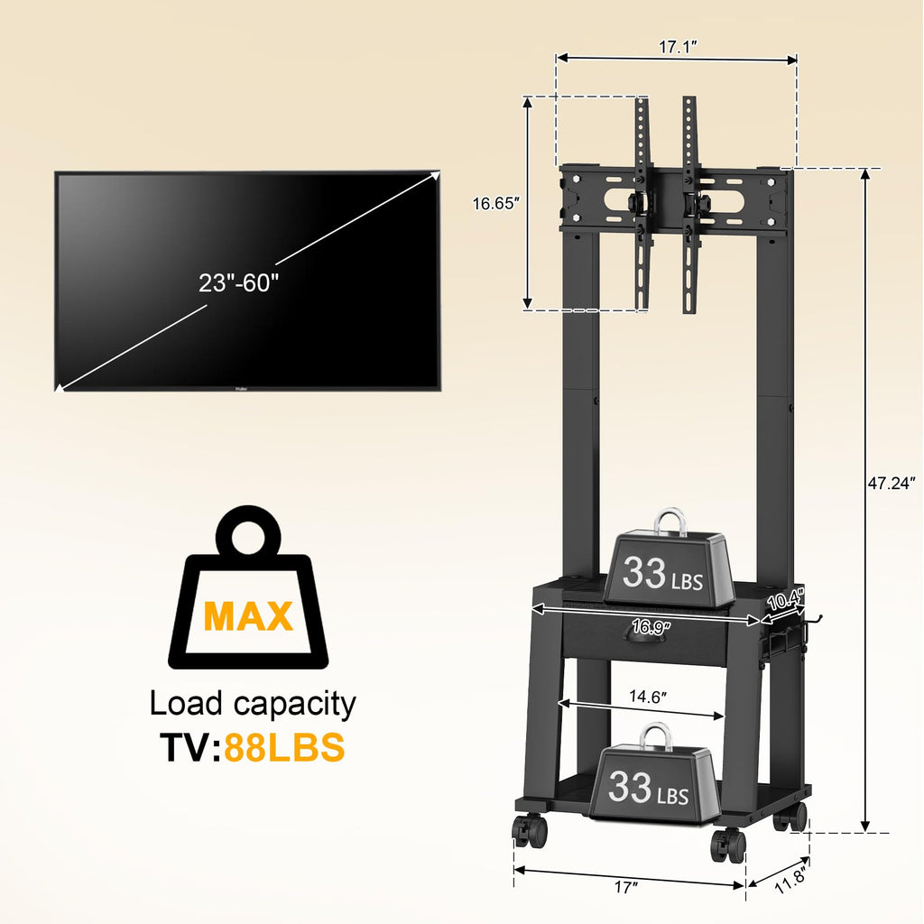 Rolling TV Stand with Storage for 23-60 Inch TVs, Height Adjustable Tilt Mobile TV Mount Cart with Drawer & 2 Shelves M872