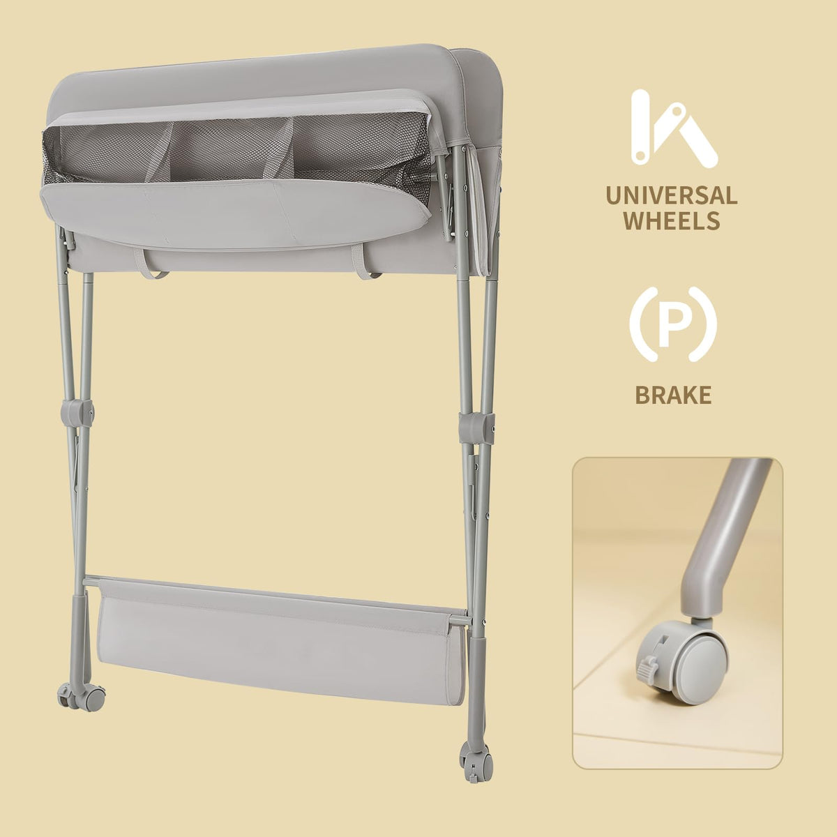 Baby Changing Table with Wheels, Portable Diaper Changing Station with 4-Level Height Adjustment J92860