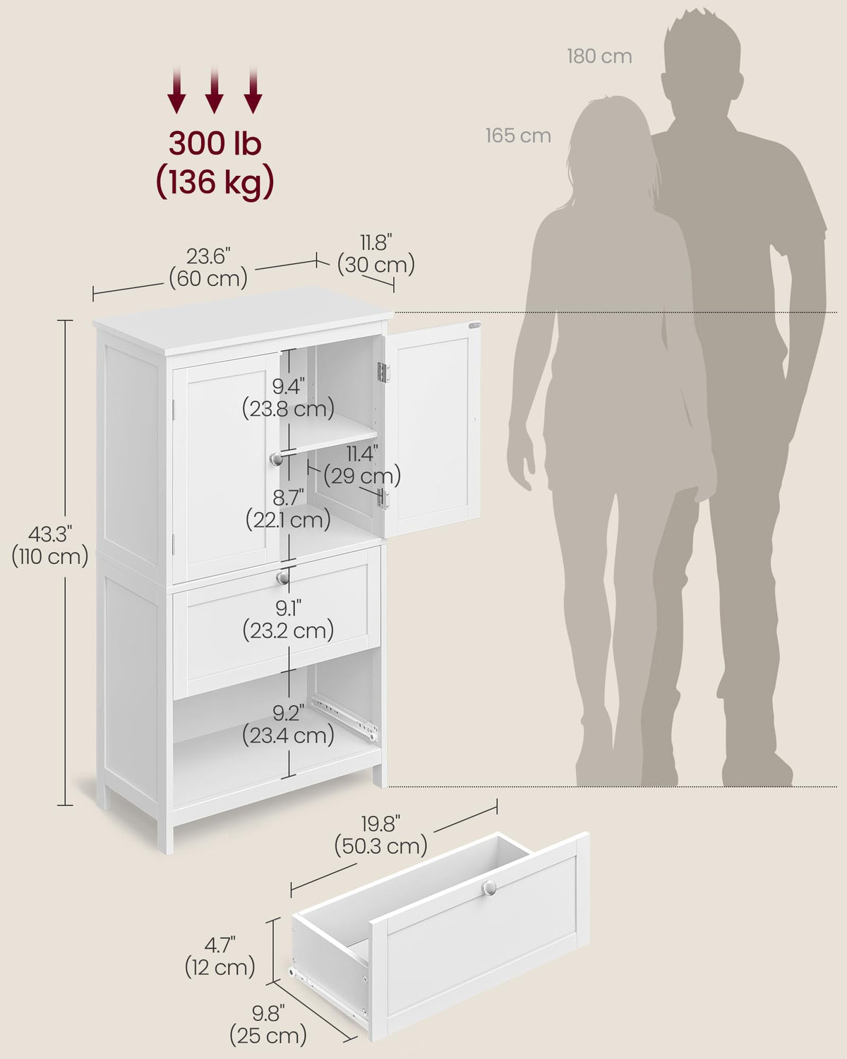 Cloud White Bathroom Floor Cabinet with 2 Doors, 2 Drawers R88365