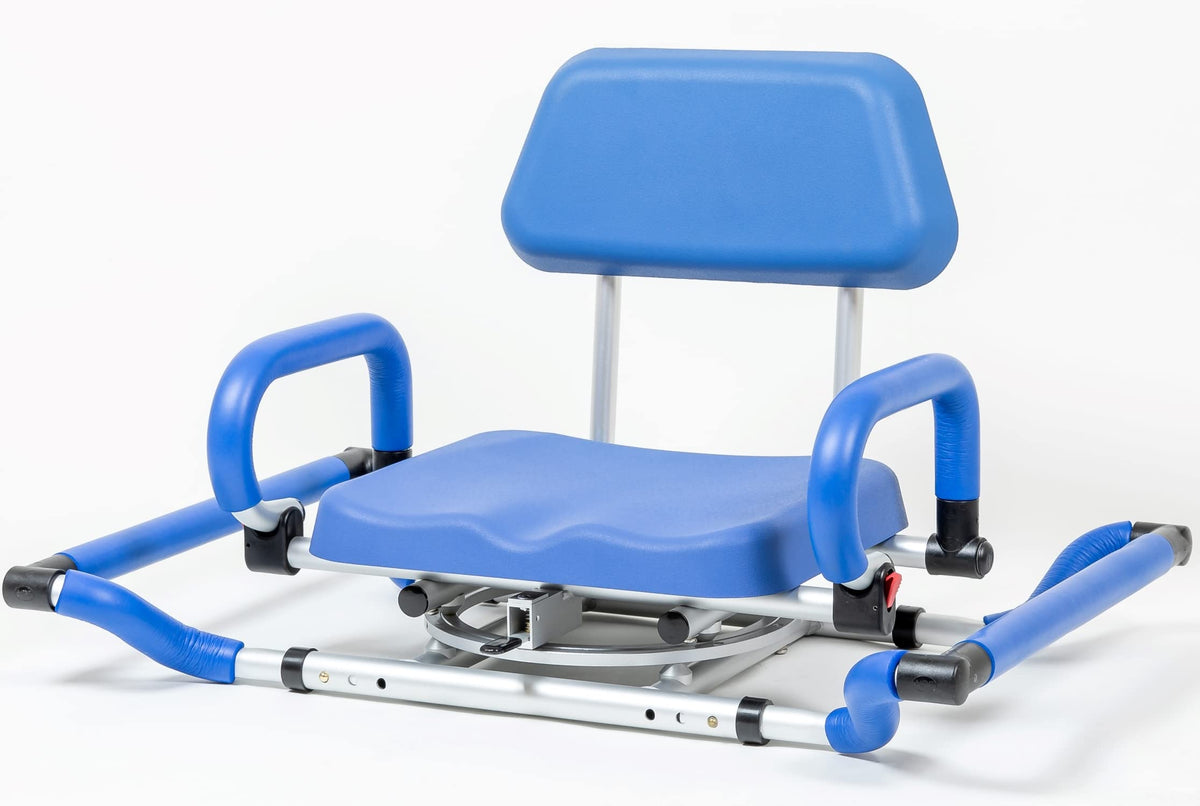 Blue Tub-Mounted Shower Chair with Padded Seat Back and Arms D6318