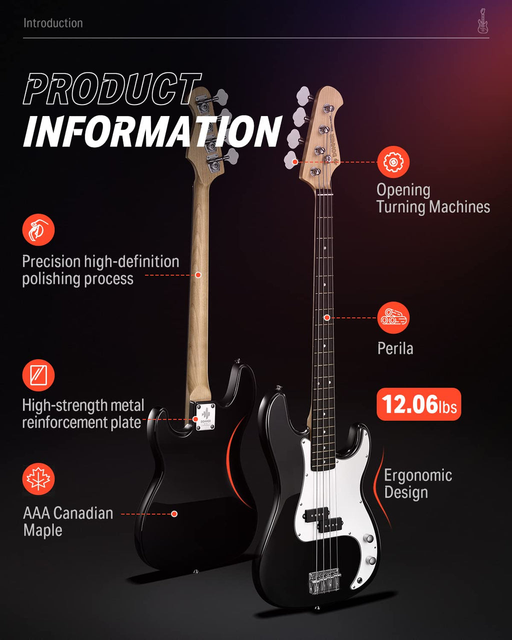 Electric Bass 4 Strings Full-Size Guitar Kit PB-Style Black G8783