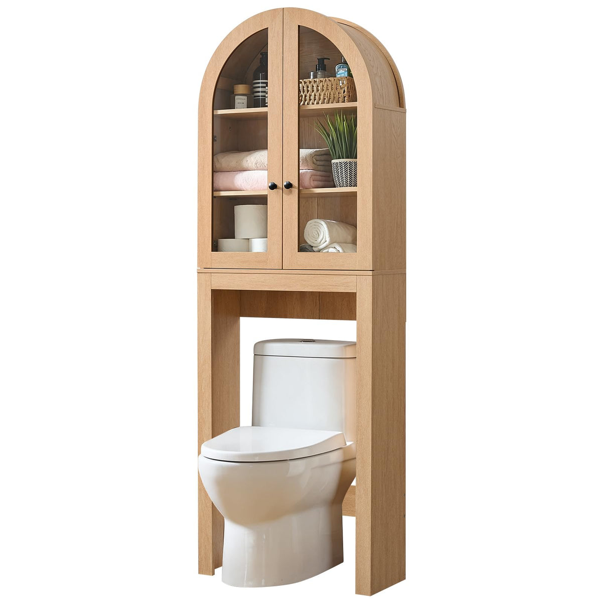 Arched Over The Toilet Storage Cabinet with Glass Doors, Natural Oak T29463