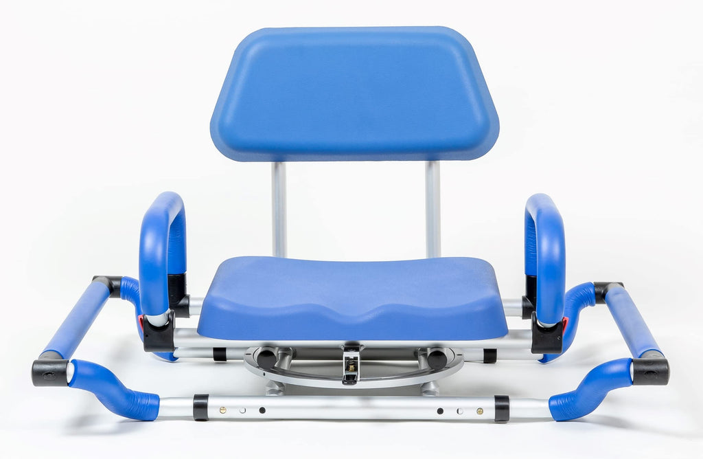 Blue Tub-Mounted Shower Chair with Padded Seat Back and Arms D6318
