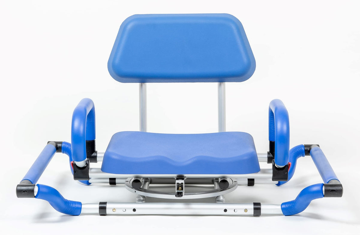 Blue Tub-Mounted Shower Chair with Padded Seat Back and Arms D6318