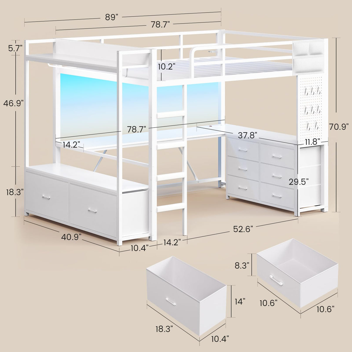White Twin Loft Bed with L-Shaped Desk and 8 Storage Drawers B16341