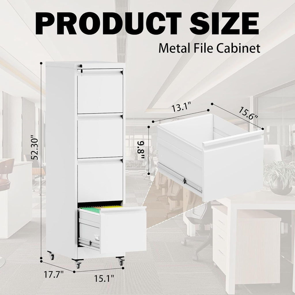 White 4 Drawer Metal File Cabinet with Wheels U66727