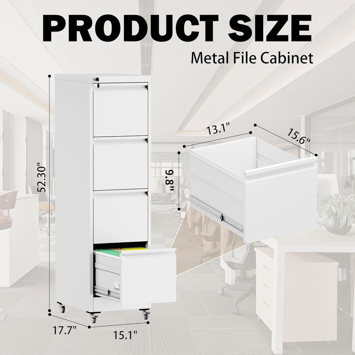 White 4 Drawer Metal File Cabinet with Wheels U66727
