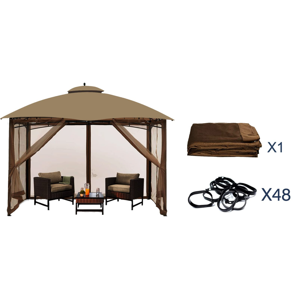 10' x 10' 4-Panel Mosquito Netting Sidewall Curtain with Zipper (Brown) T9019