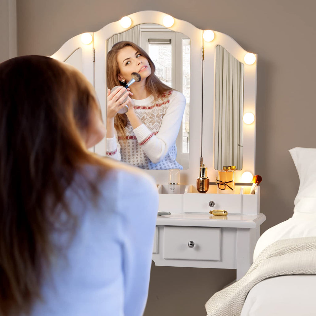 White Makeup Vanity Desk with Mirror and Chair L473