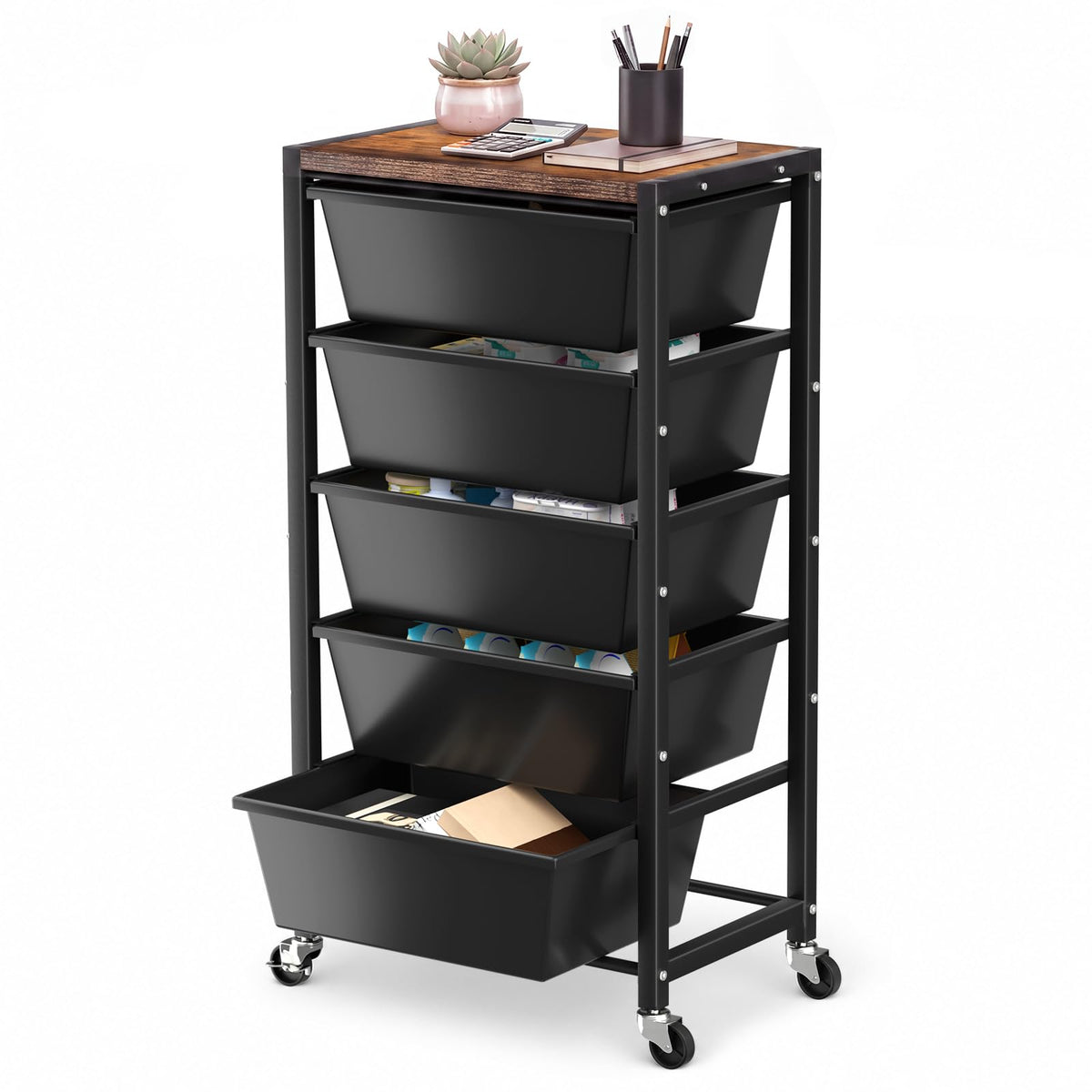 Black 5 Drawer Rolling Storage Cart with Wooden Tabletop A133