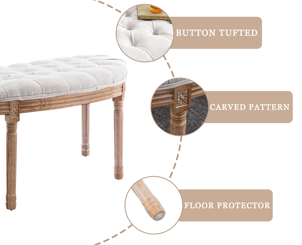 55" Upholstered Tufted Fabric Bench with Rubber Wood Legs, Beige A776250