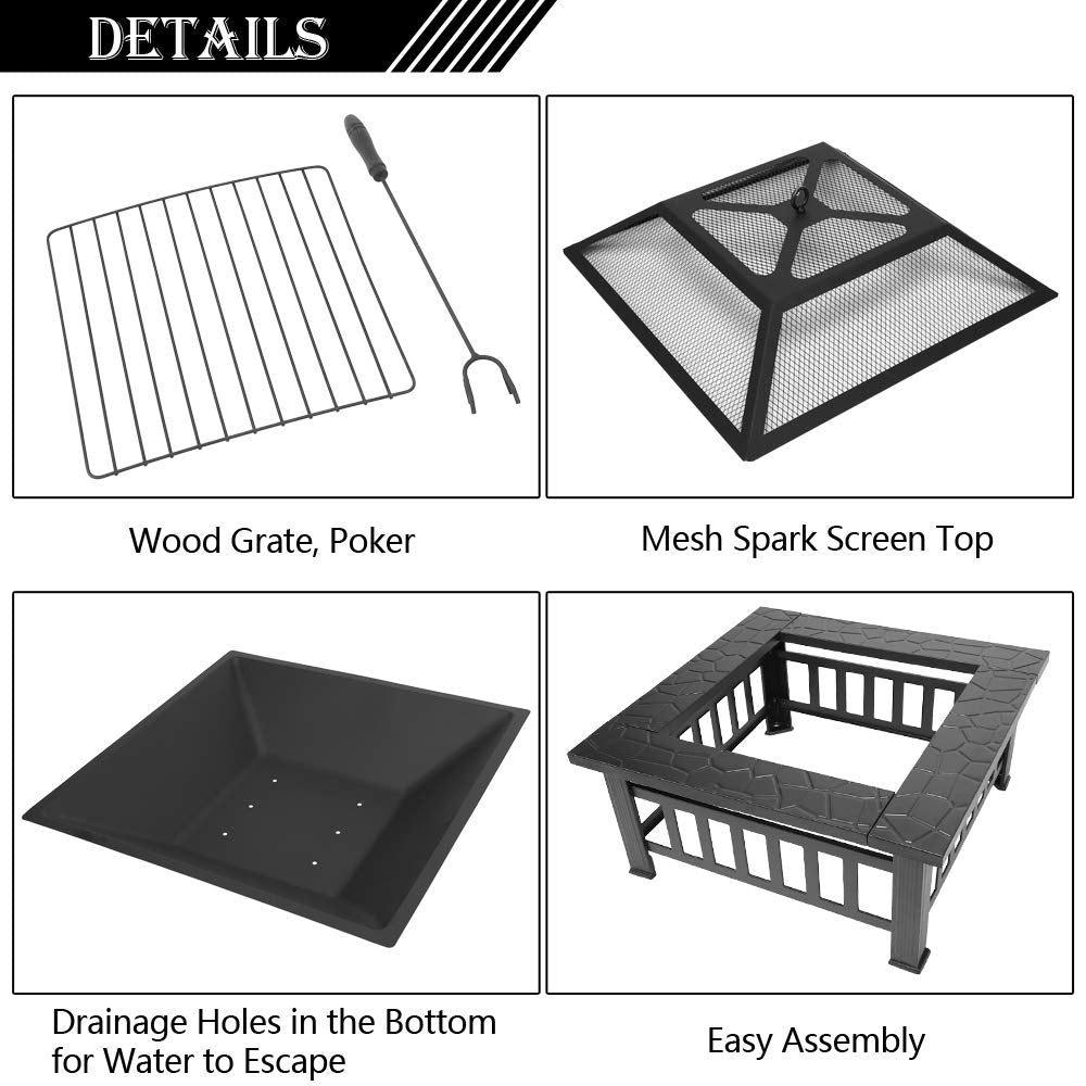 32” Metal Square Wood Burning Fire Pit W8395