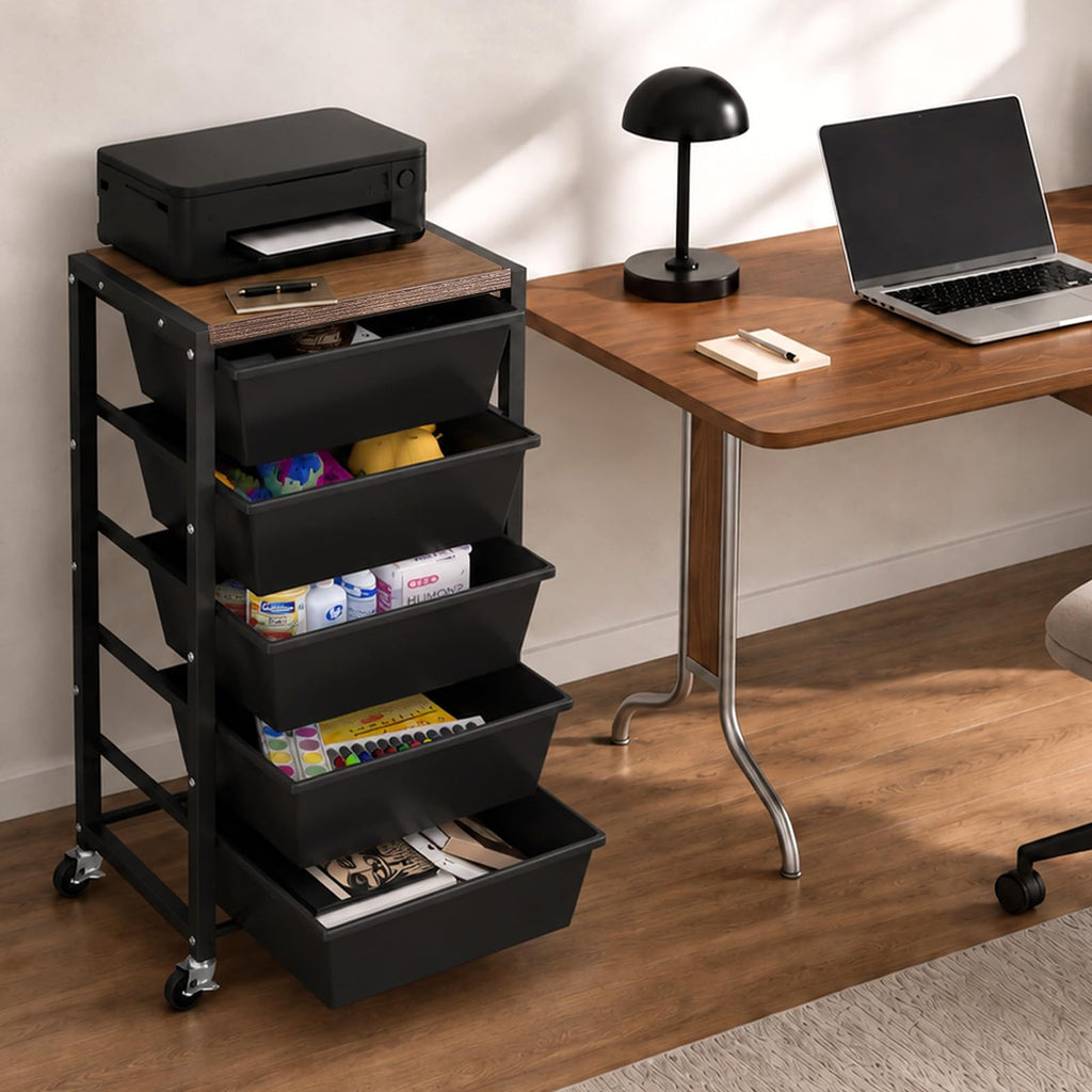 Black 5 Drawer Rolling Storage Cart with Wooden Tabletop A133