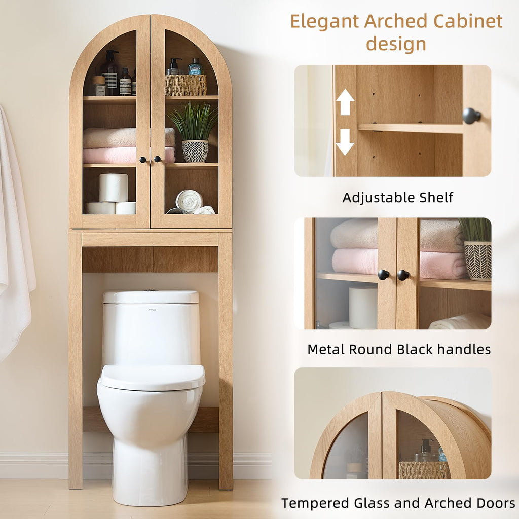 Arched Over The Toilet Storage Cabinet with Glass Doors, Natural Oak T29463