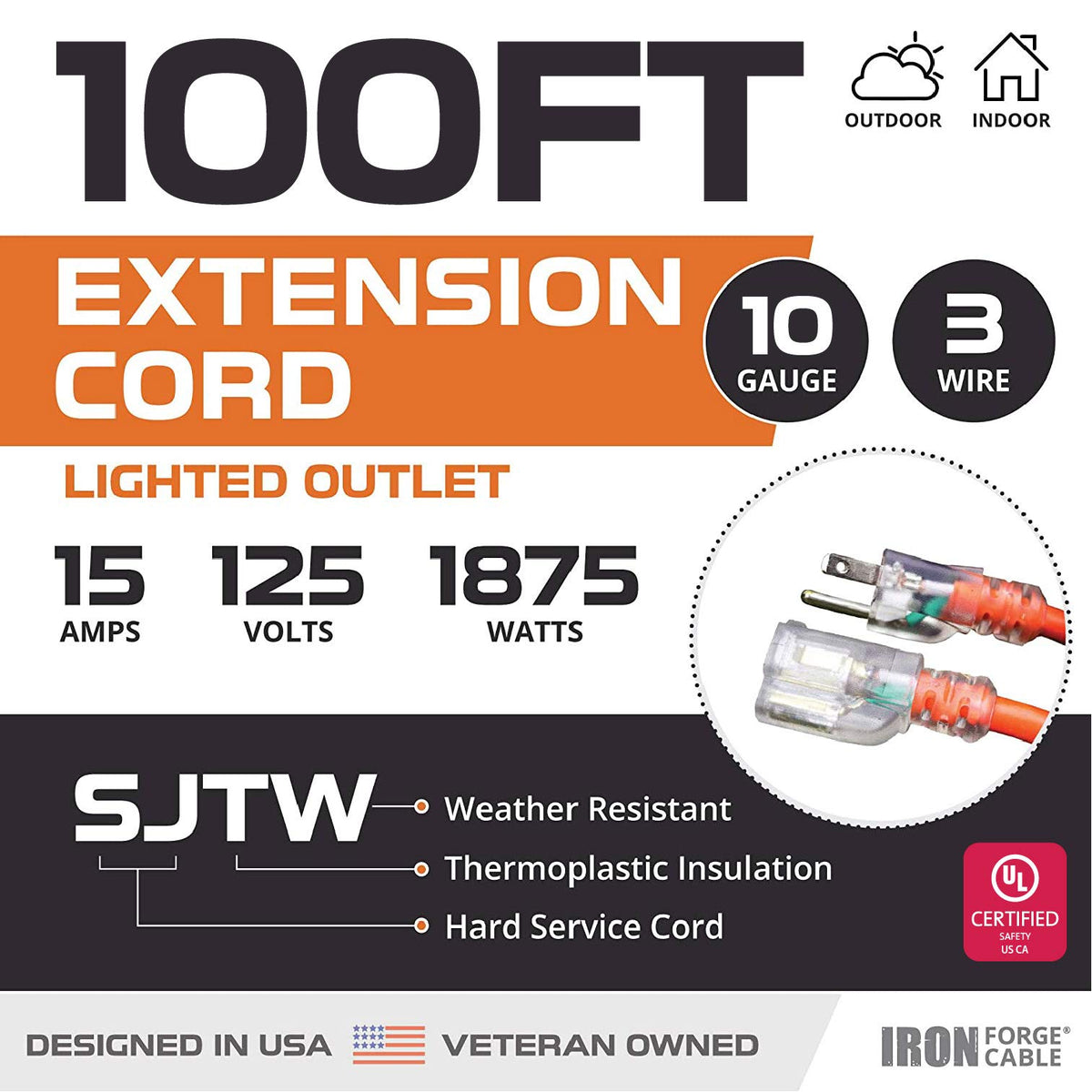 10 Gauge Heavy Duty Extension Cord 100 Ft Orange SJTW S55807