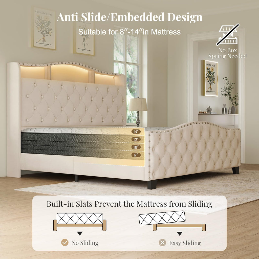 Queen Beige Platform Bed Frame with LED Headboard H5294