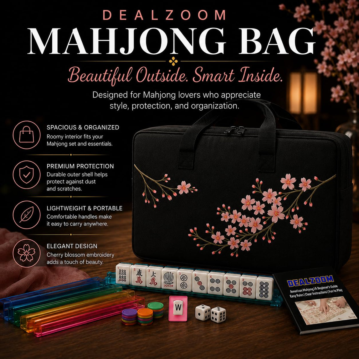Complete American Mahjong Set with 166 Tiles, Racks, Pushers, Dice, Chips, Instructions & Bag J1532