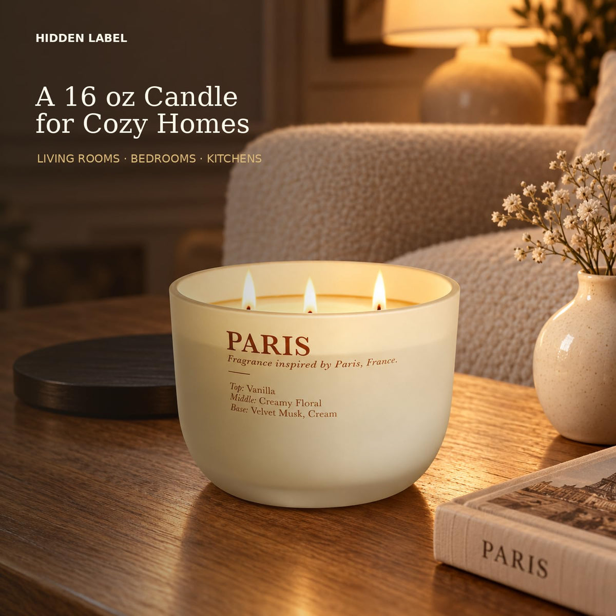 Vanilla Cream Scented Candle, 16 oz, 3-Wick Soy Wax D946