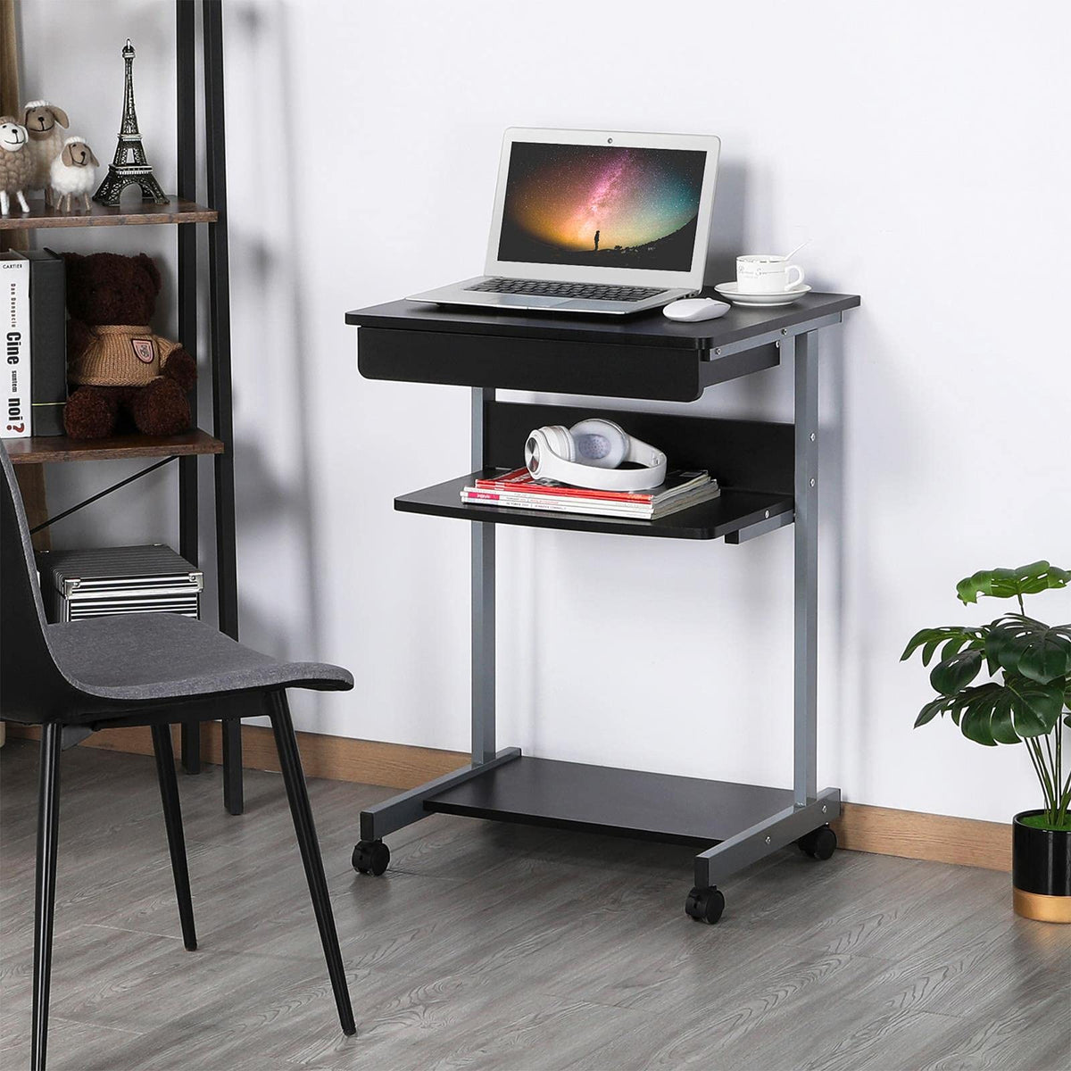 Black Rolling Desk with Drawer and Printer Shelf X8369