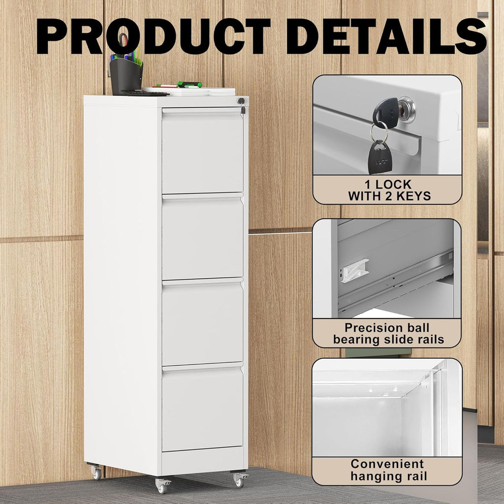 White 4 Drawer Metal File Cabinet with Wheels U66727