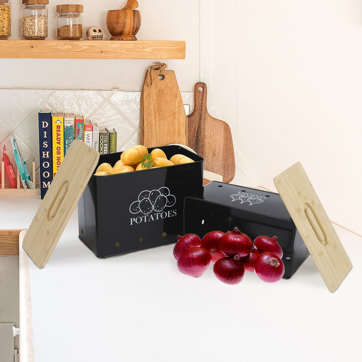 Vented Metal Vegetable Storage Bin Set of 2 with Wooden Lids X1733