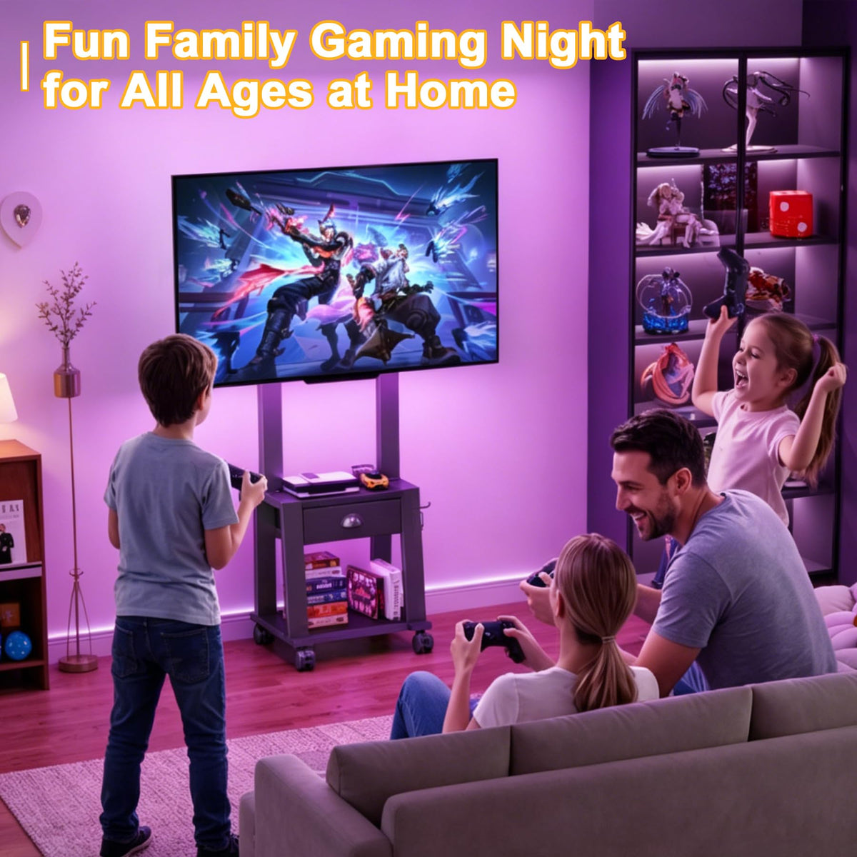 Rolling TV Stand with Storage for 23-60 Inch TVs, Height Adjustable Tilt Mobile TV Mount Cart with Drawer & 2 Shelves M872