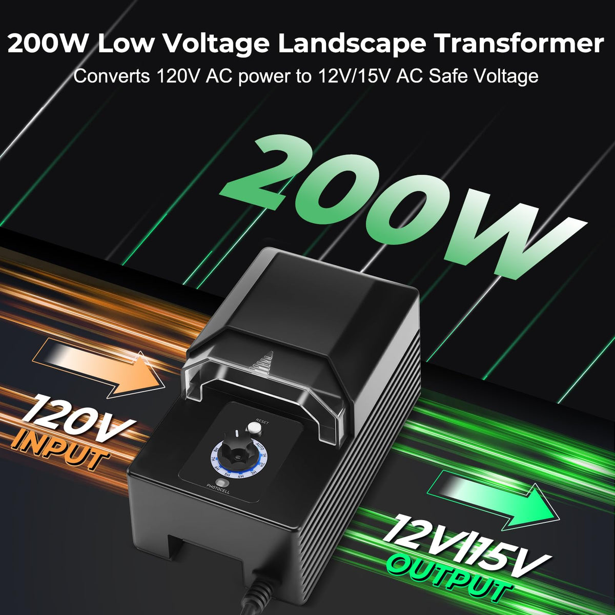 200W Low Voltage Landscape Transformer with Timer & Photocell Sensor V880
