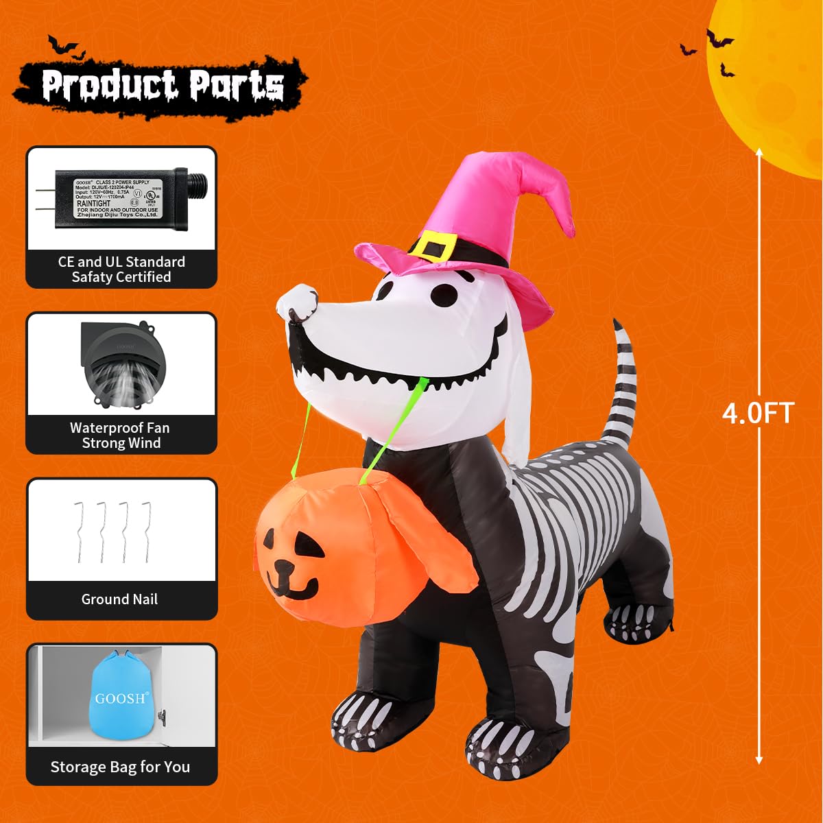 5.5 FT Halloween Inflatable Skeleton Puppy with Build-in LEDs E583