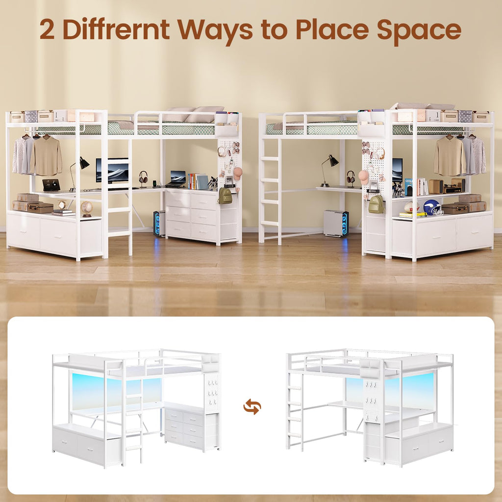 White Twin Loft Bed with L-Shaped Desk and 8 Storage Drawers B16341