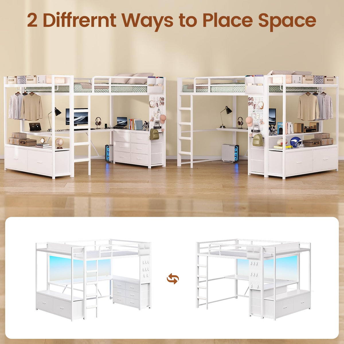White Twin Loft Bed with L-Shaped Desk and 8 Storage Drawers B16341