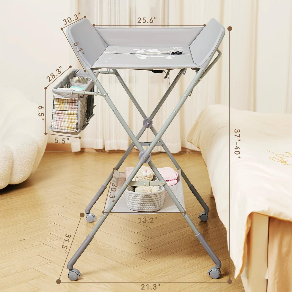 Baby Changing Table with Wheels, Portable Diaper Changing Station with 4-Level Height Adjustment J92860