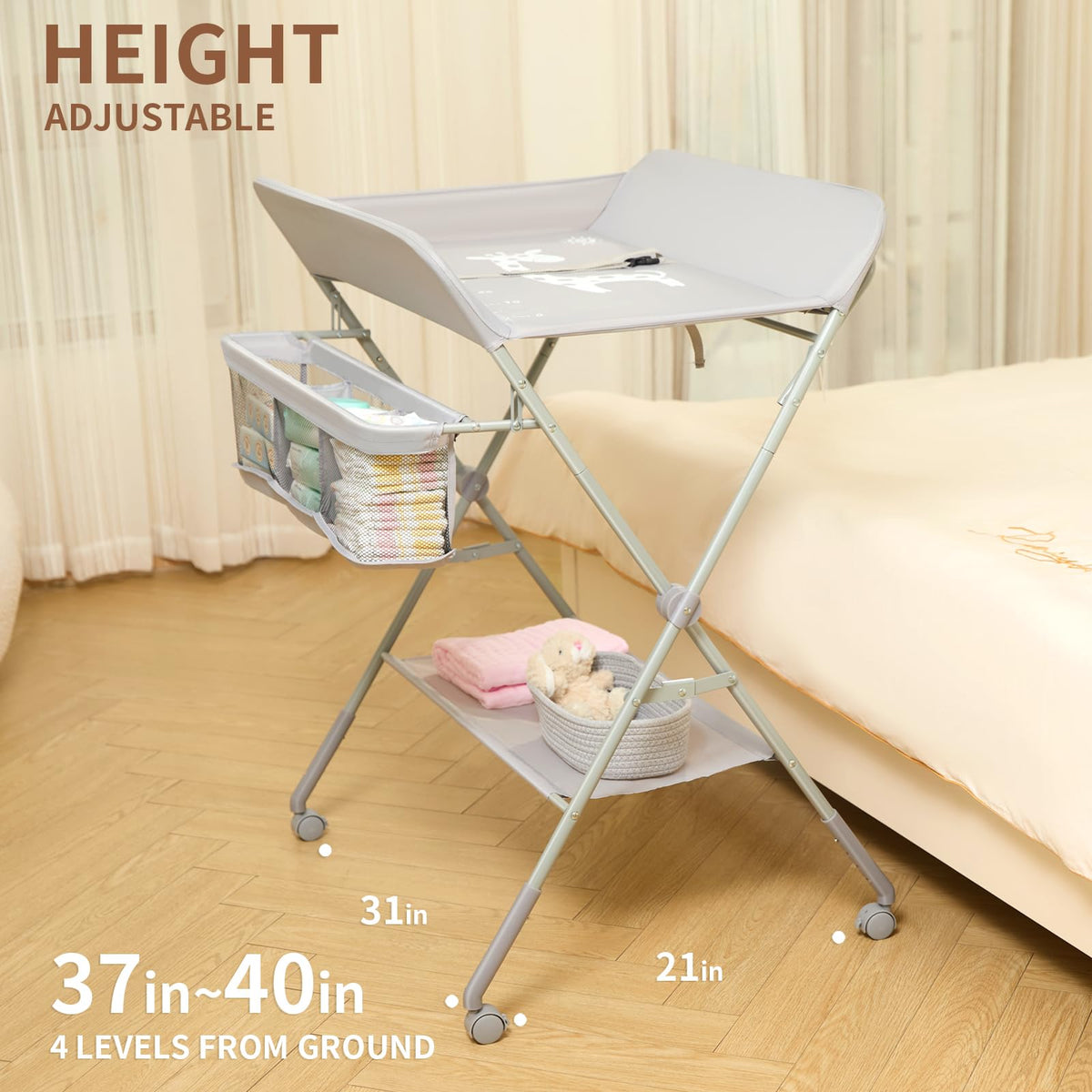 Baby Changing Table with Wheels, Portable Diaper Changing Station with 4-Level Height Adjustment J92860